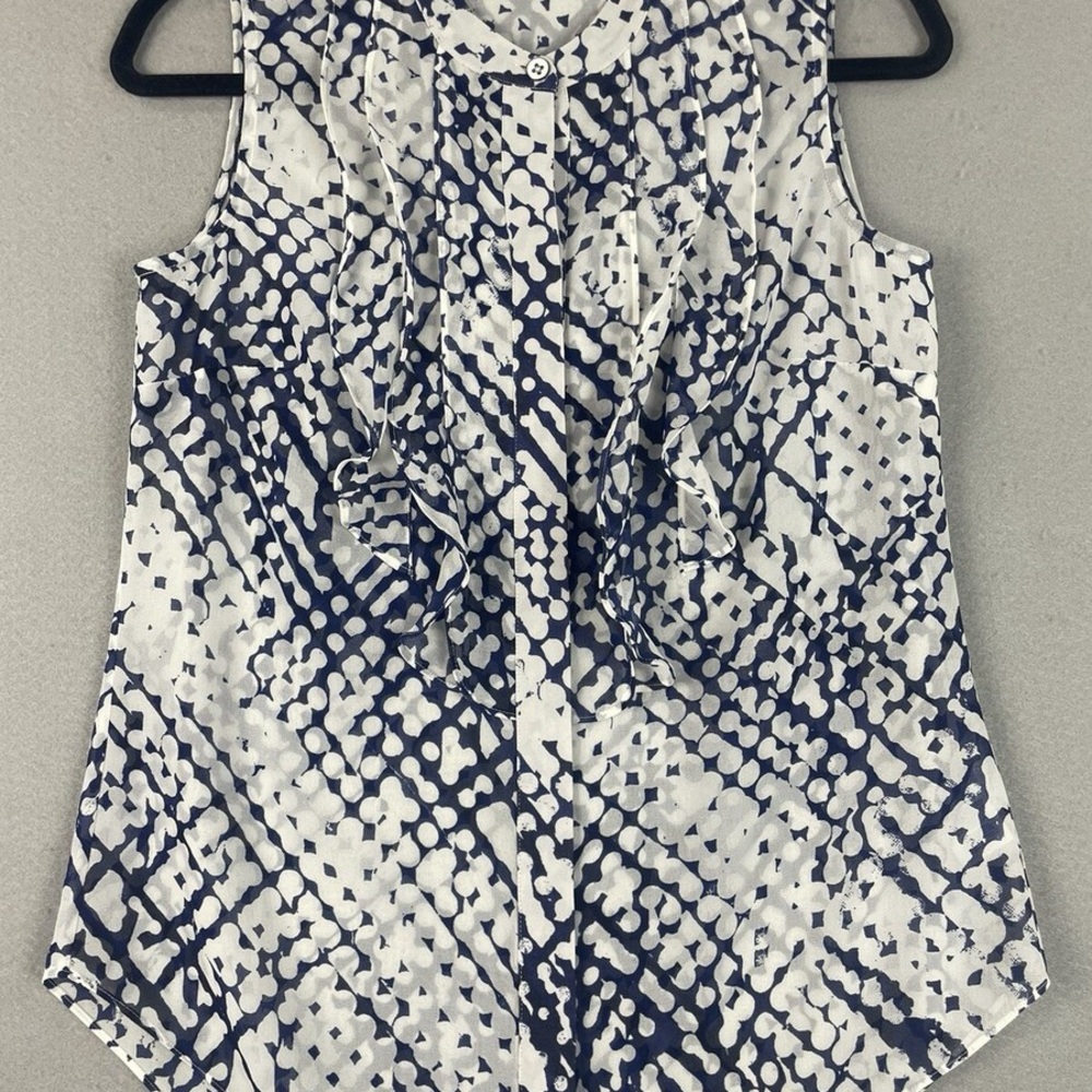 CAbi Abstract Venture Navy and White Ruffled blouse